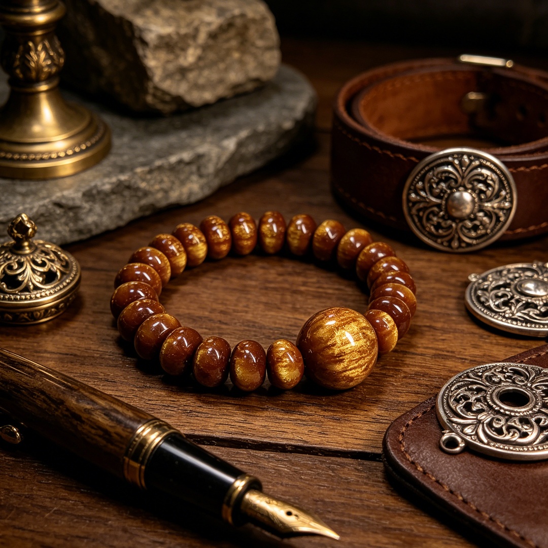Unisex 20mm Natural Stone Elastic Golden Bead Bracelet, Good Luck